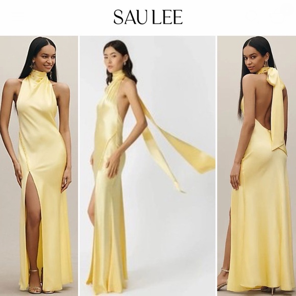 sau lee Dresses & Skirts - SAU LEE Penelope High-Neck Open-Back Satin Maxi Dress Yellow Halter Sz 6 595$